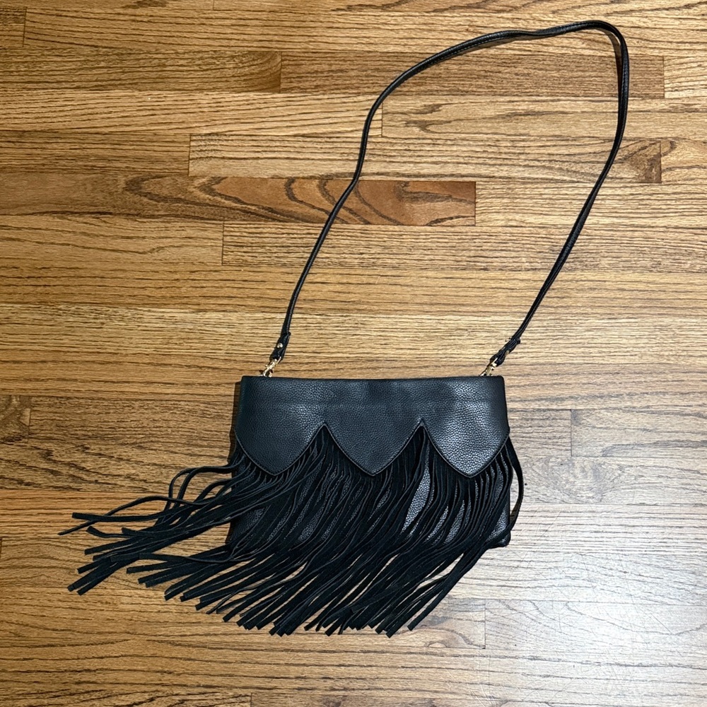 Street Level Black Fringe Scalloped Crossbody Bag
